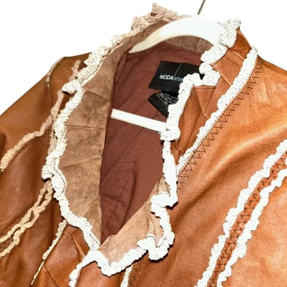 moda international FESTIVAL genuine leather contrast brown cream ruffle jacket M - Picture 4 of 5